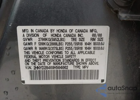 2009 Acura Mdx Technology Package z USA, uszkodzony, nr VIN 2HNYD28469H504002
